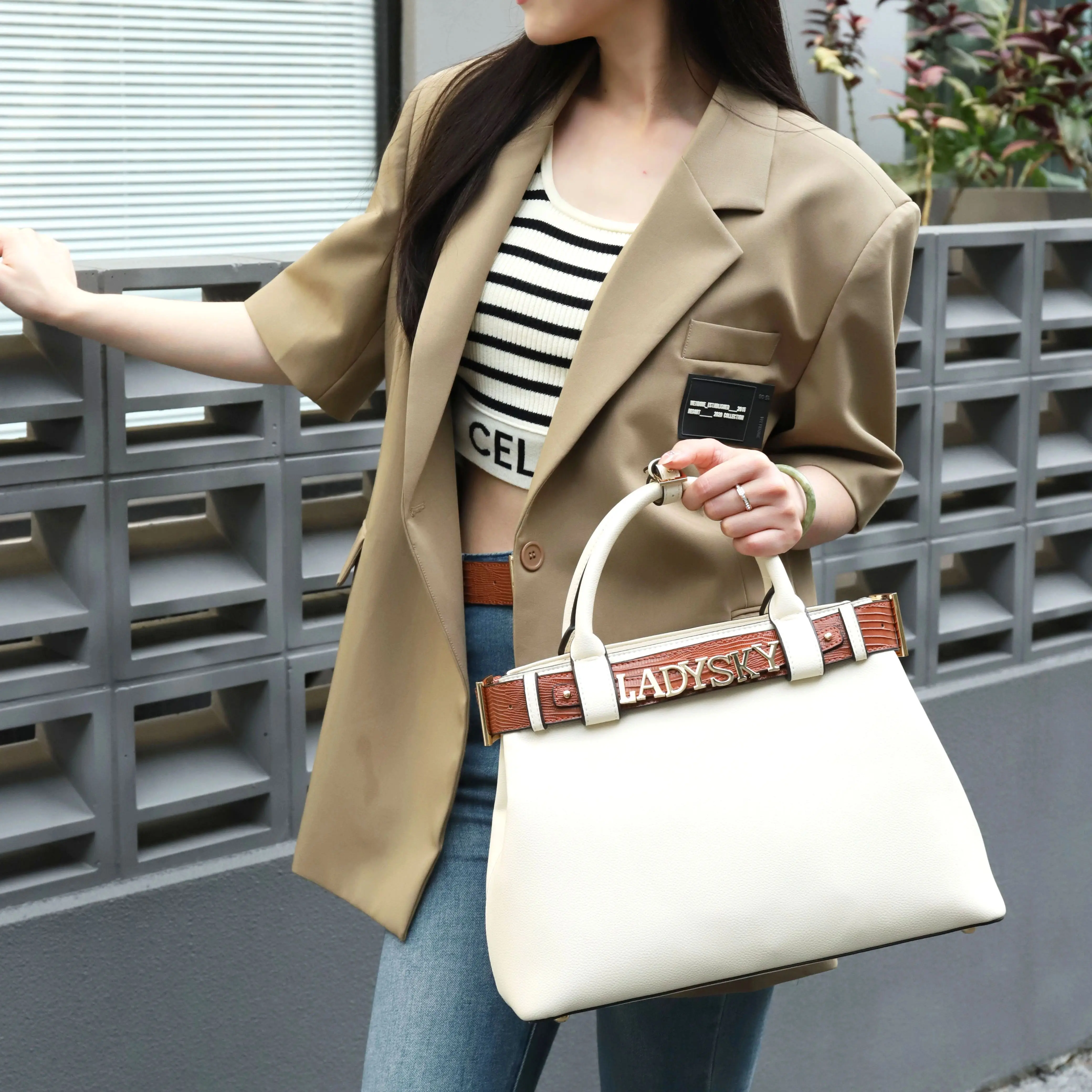 

Ladysky Super Product Fashion Tote Bag for Women Super Personalized Metal Letter Handbag Soft PU Leather Handbag Ladi with Belt