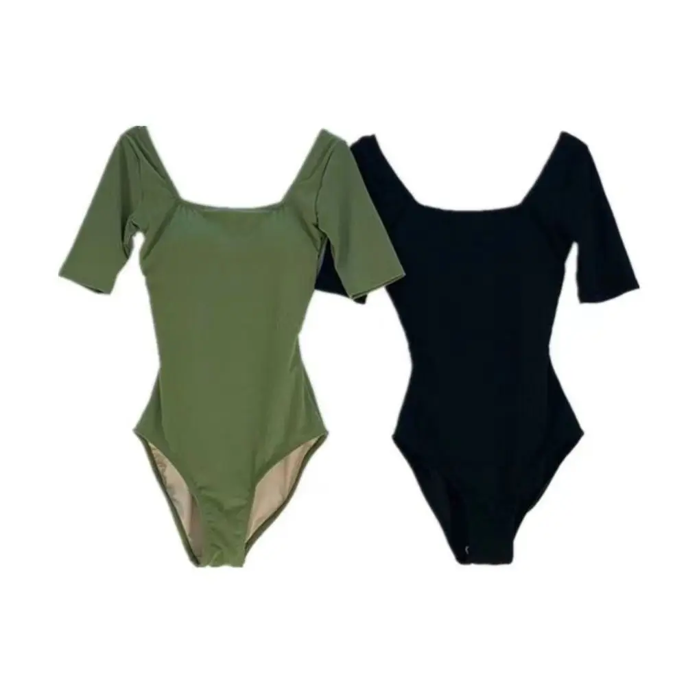 

Women Swim Suit Solid Color Hollow Out Swimsuit Mesh Cut High Waist Backless Swimsuit Slim Design Short Sleeve Swimwear Vacation