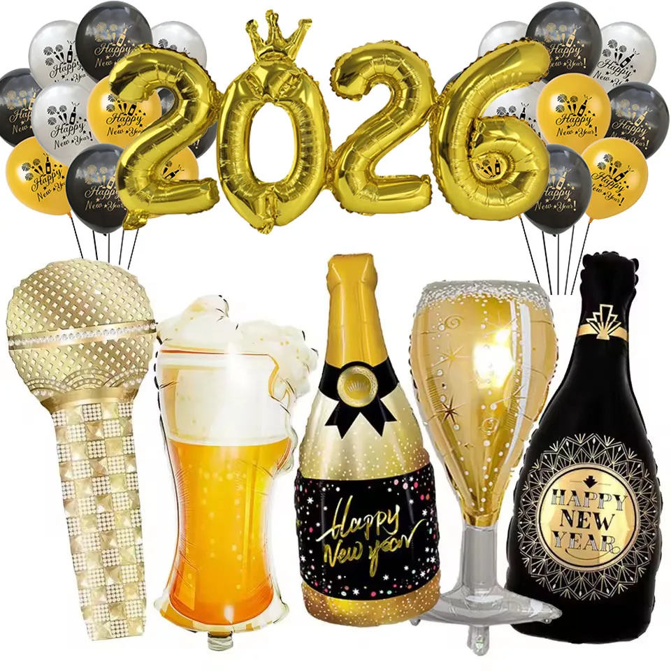 الذهبي 2026 بالونات حفلات السنة الجديدة زجاجة شمبانيا أكواب النبيذ احباط بالون سنة جديدة سعيدة الذهب الأسود السنة الجديدة لوازم الحفلات