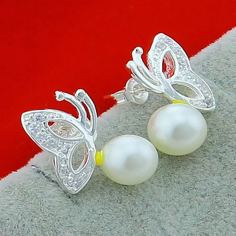 

925 Sterling Silver Butterfly Pearl Stud Earring For Woman Fashion Charm Wedding Engagement Party Jewelry