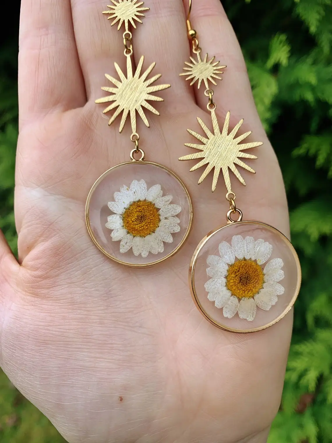 Gift for Her Celestial Sunburst Sun Star Earrings with Real Pressed Daisy Flowers Hypoallergenic Hippie Boho Bohemian Fairy