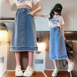 School Girls Denim Raw Edge Skirt 2024 Summer Four Season High Waist Casual Midi Skirt girls denim skirt