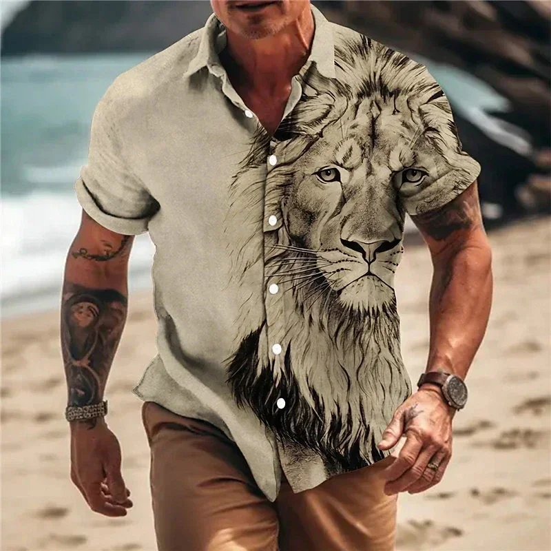 

2024 New Summer Hawaiian Shirts for Men 3d Animal Lion Print Blouse Womens Clothes Wolf Pattern Short Sleeve Oversized Y2k Tops