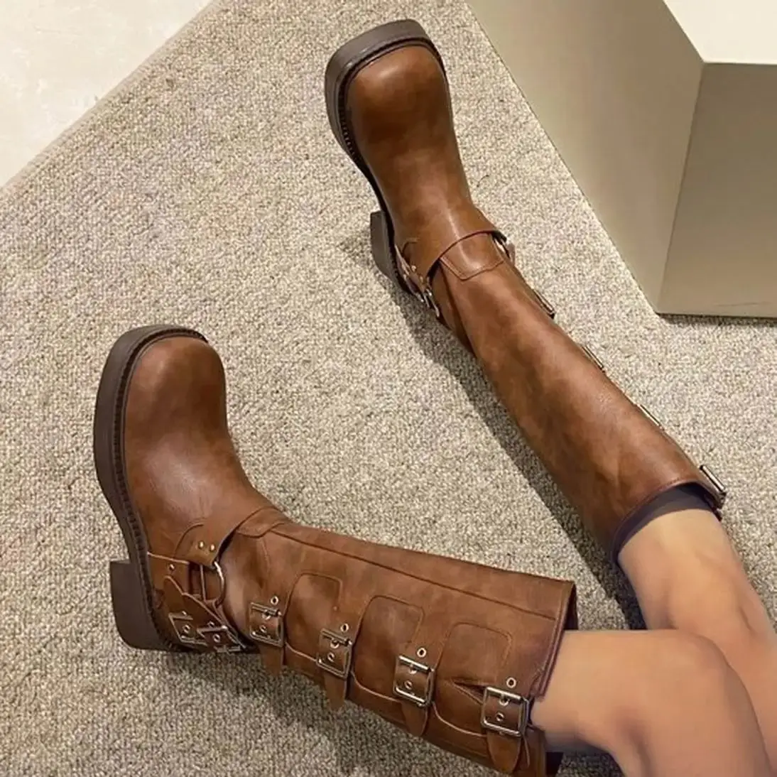 

Buckle Platform KneeHigh Booties Autumn 2024 Ladies Fashion Other Material 100% Women's Ankle Booties with Buckle Design