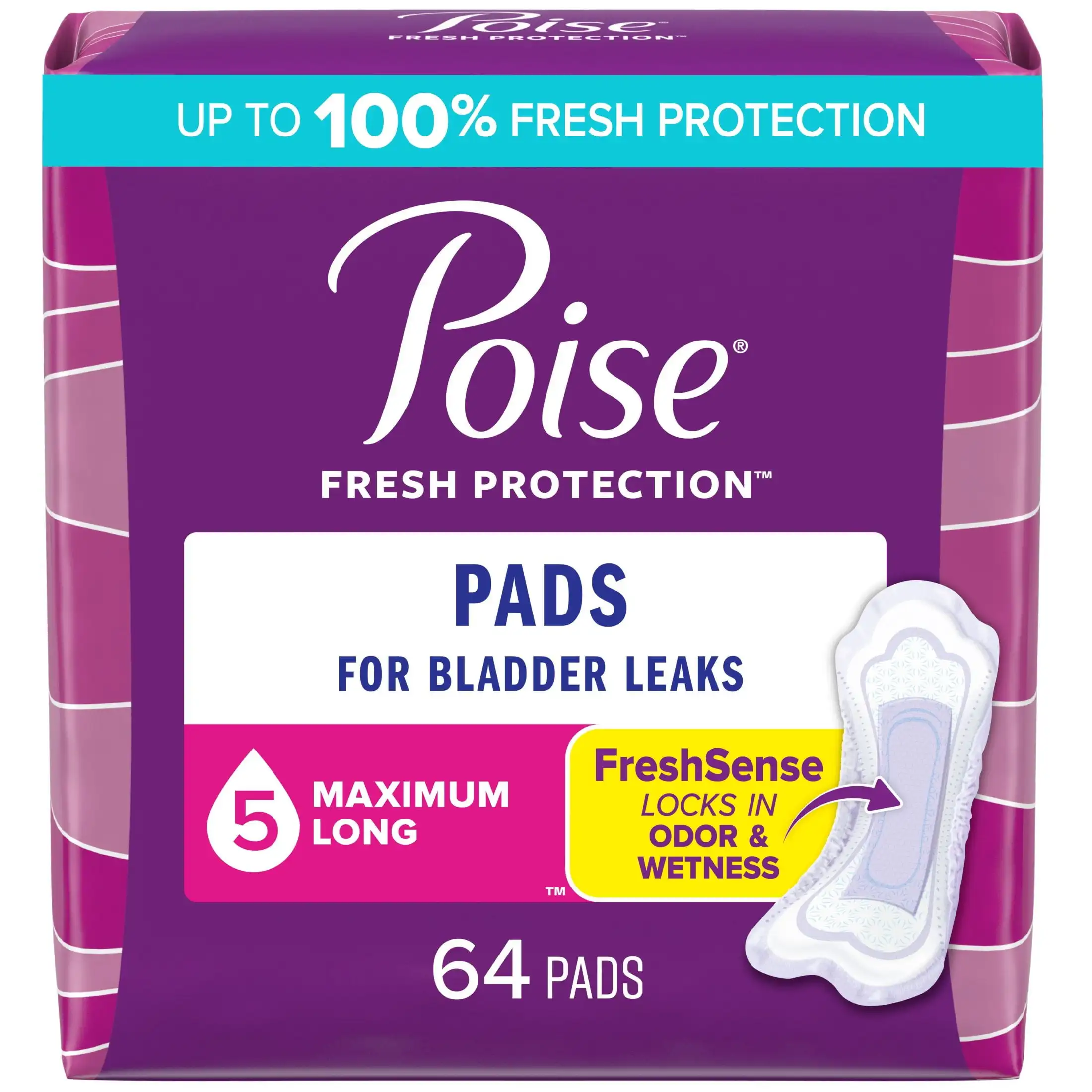 

Incontinence Pads for Women,5 Drop Maximum Absorbency, Long Length, 64 Count