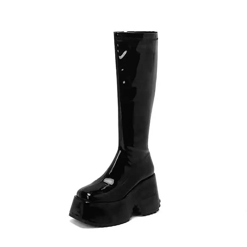 Krazing Pot Microfiber Square Toe Super High Heels Winter Elastic Boots Platform Stovepipe Brand Waterproof Over-the-knee Boots