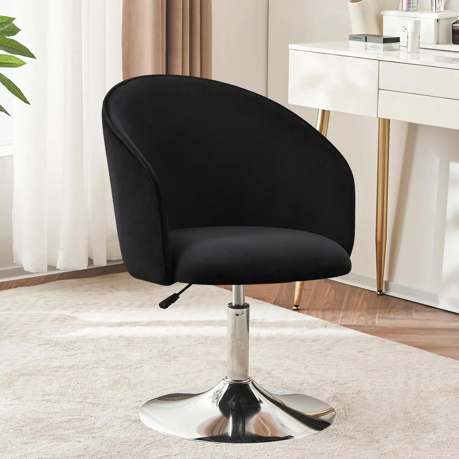 Furnimart Black Velvet Adjustable Height Vanity Chair, Swivel Makeup Chair for Living Room, Bedroom, Dressing Room