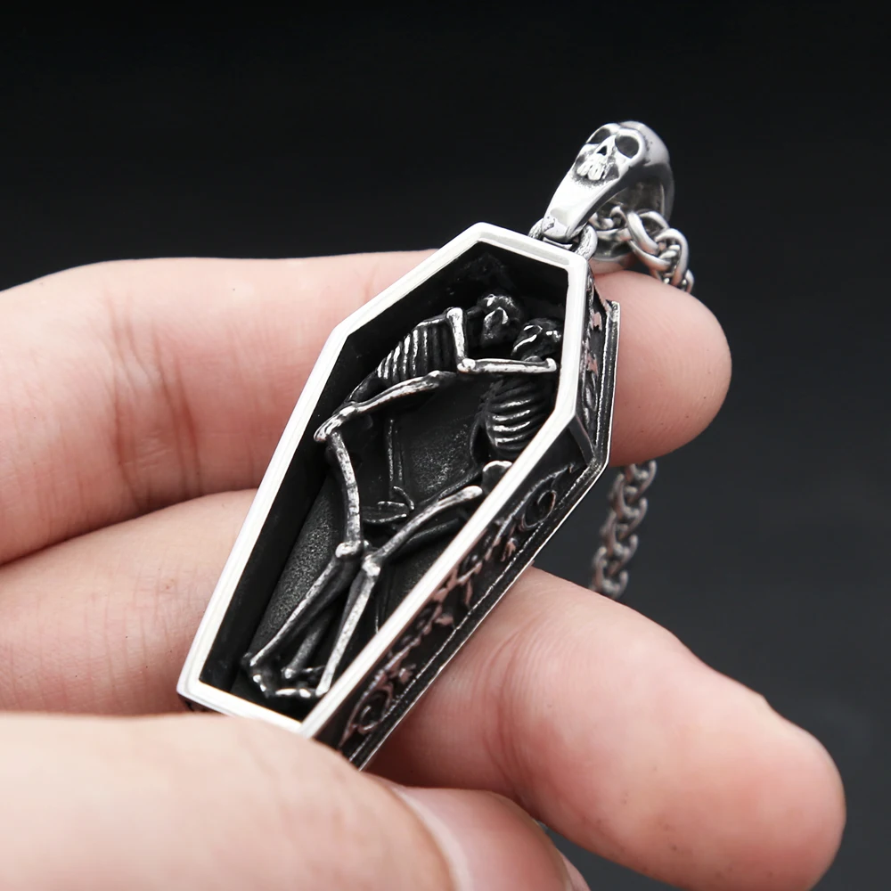 Gothic Vintage Stainless Steel Double Skull Coffin Pendant Necklace For Men Punk Vampire Skeleton Necklaces Biker Jewelry Gifts