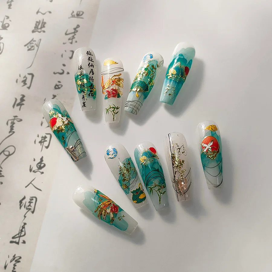 Red-crowned Crane Phoenix Auspicious Clouds Green Hills 3D Self Adhesive Nail Art Sticker Chinese Style Manicure Decal Wholesale