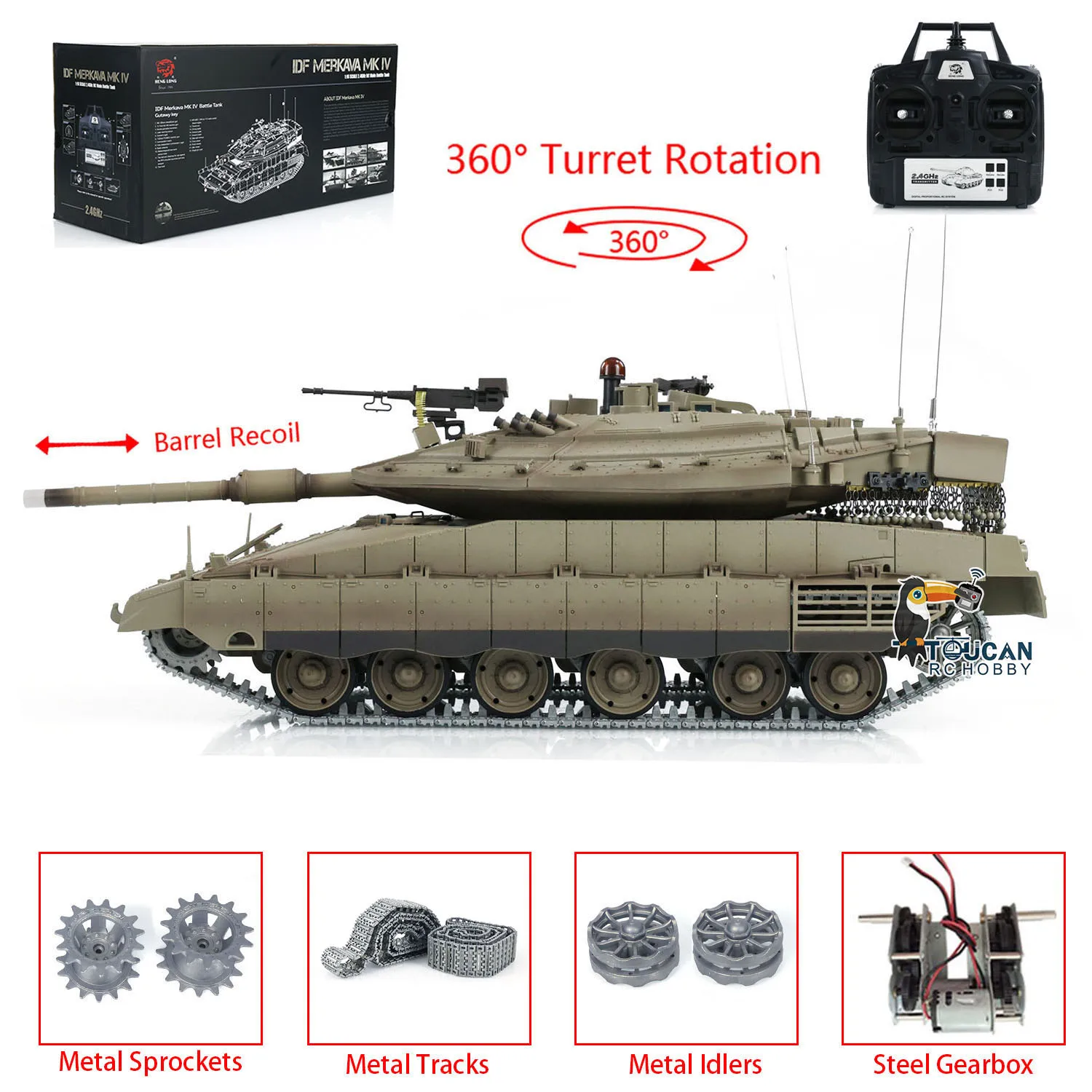 RC 탱크 1/16 Heng Long 업그레이드 버전 IDF Merkava MK IV 3958 360 ° 터렛 회전 배럴 리코일 금속 트랙 모델 TH22647