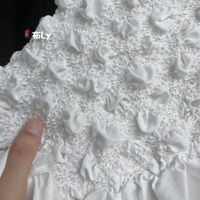 Off-white Puff 3D Embossed Fabric, High Elasticity & Soft, for Dress & Coat, Designer Clothing Material
