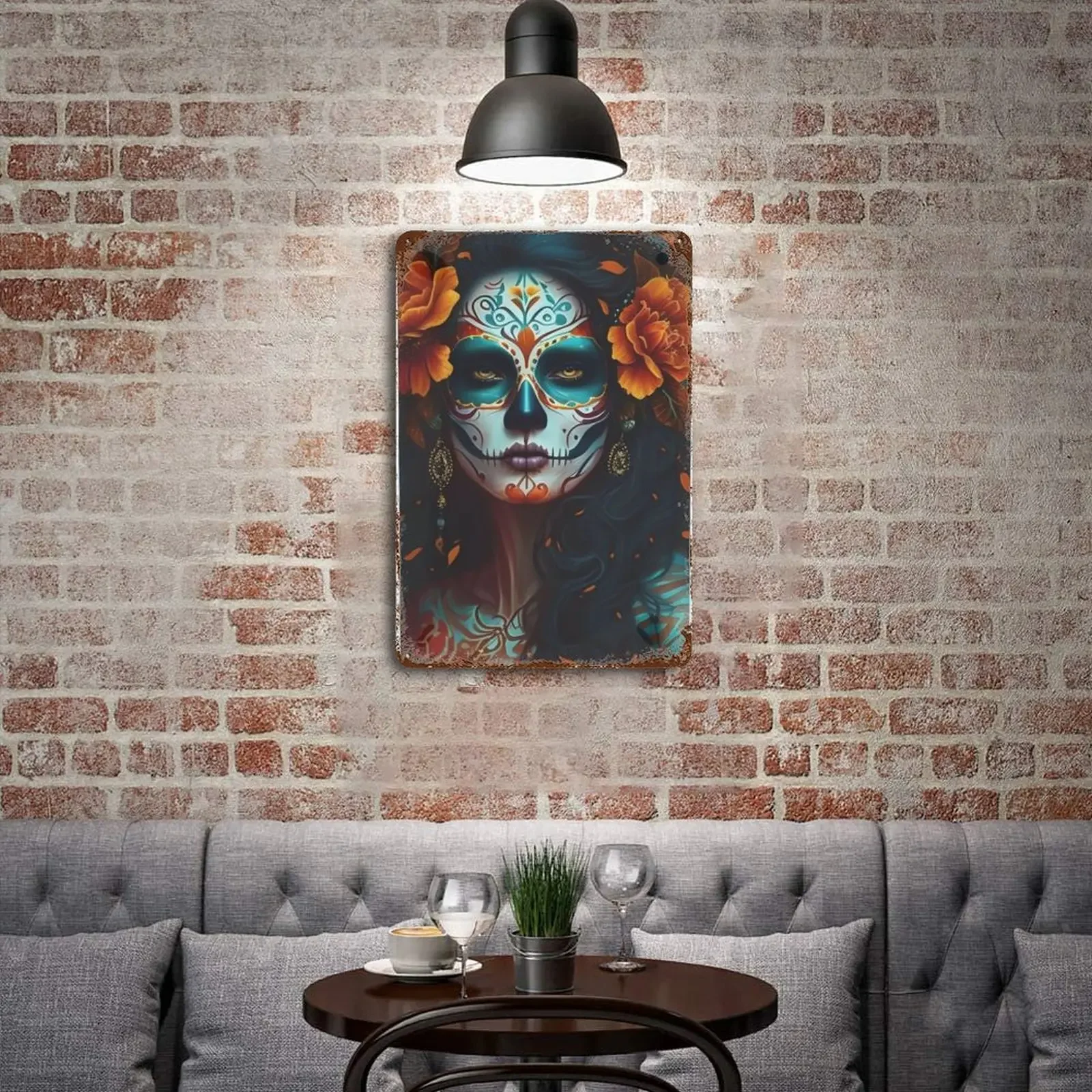 Vintage Mexican Skull Flower Plaque Wall Metal Tin Sign Art Painting Gothic Pictures Abstract Home Decor for Living Room Kitchen