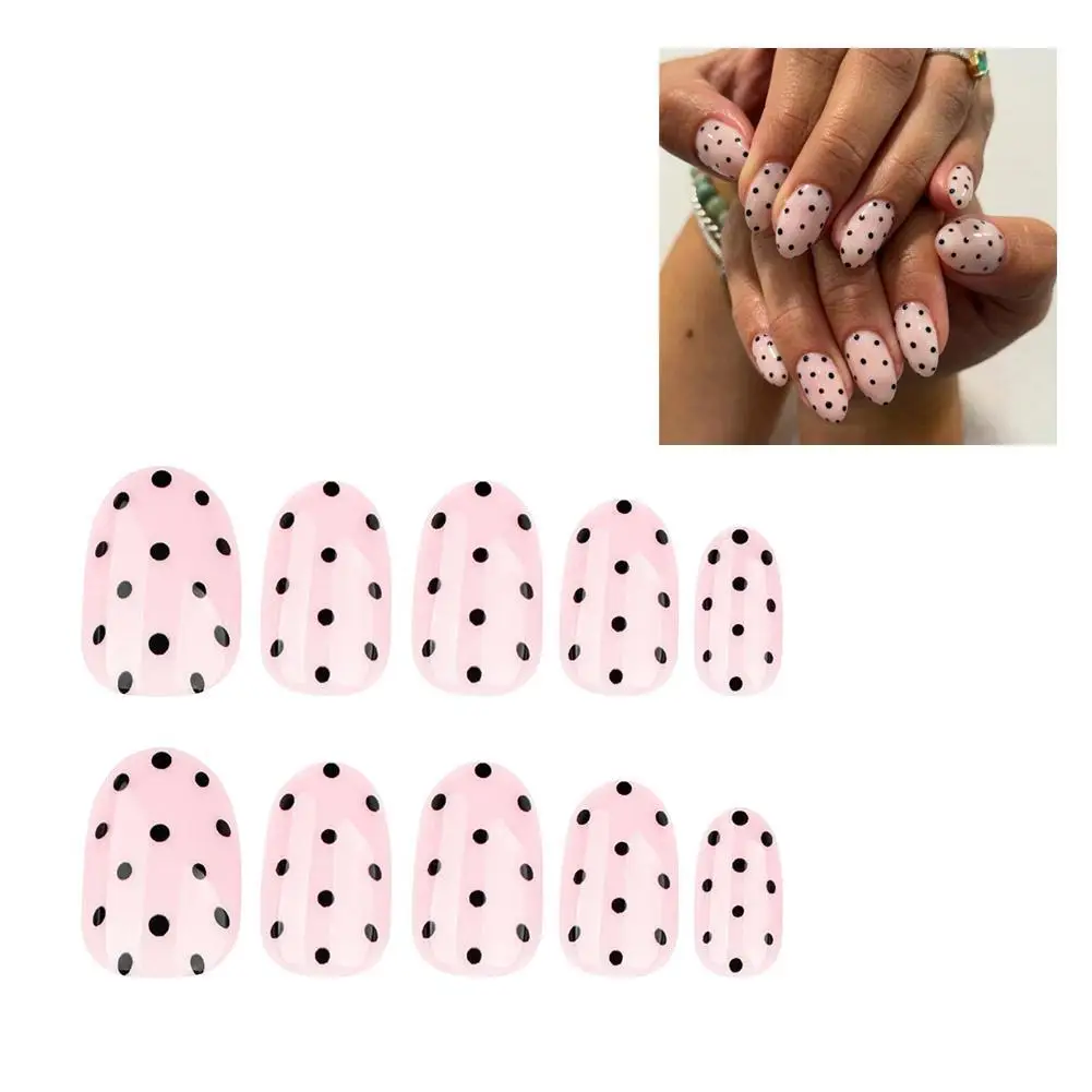 

New 10PCS Handmade Press on Nails French Polka Dot Hand-painted Lace Lace Lace Fake Nails 3D Bow Black Mesh Armor Wearing