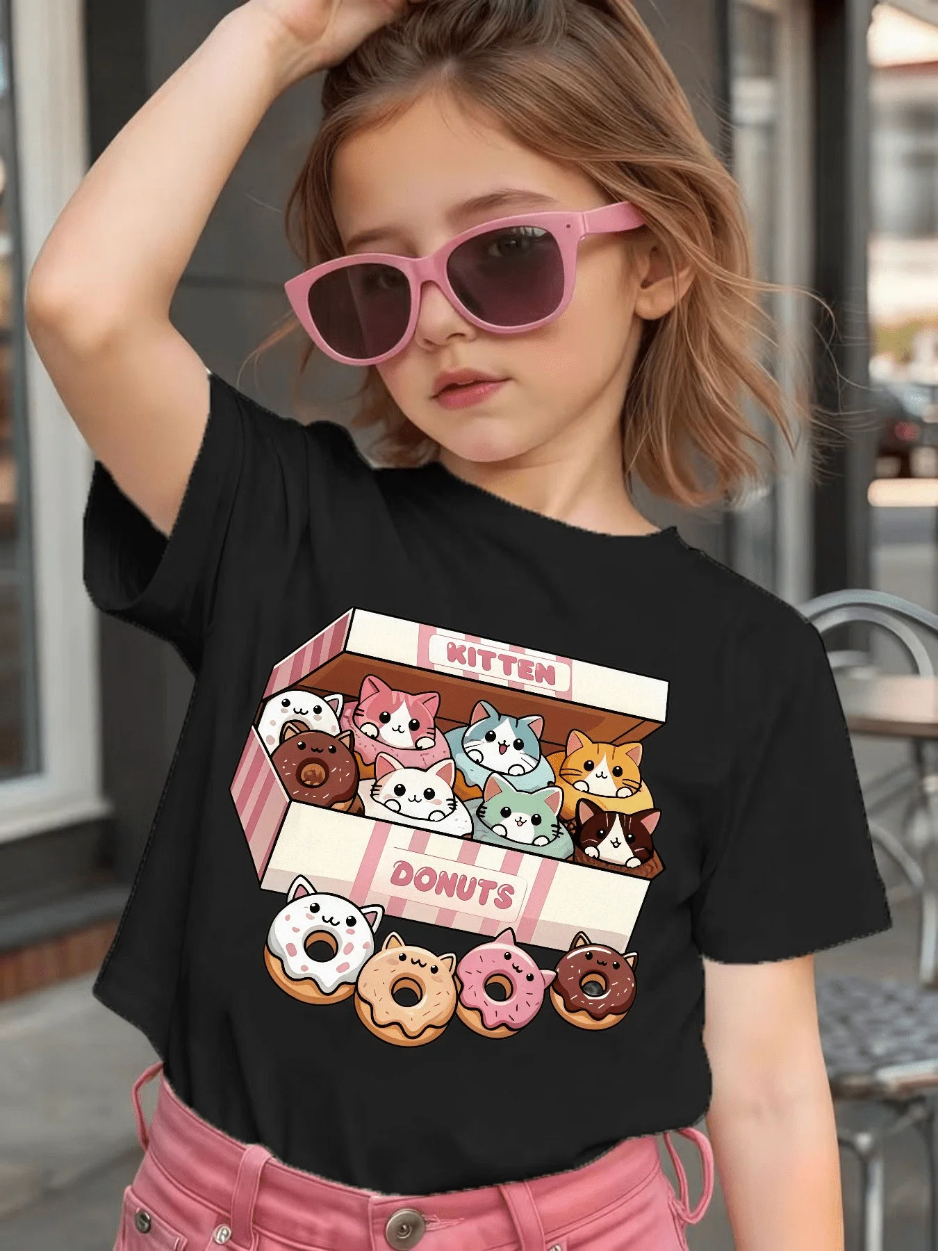 Kitten Donut Box Cartoon Print Kids T Shirt Cotton Short Sleeve Boys Girls Parent Child Matching Lovely Summer Casual Daily Tees