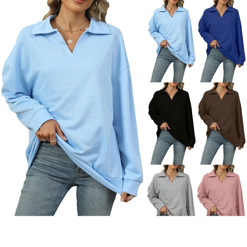 Women's Autumn Loose Hoodies Solid Color Lapel Turn-Down Collar Long Sleeve Sweatshirt Sport Pullovers Tops Female Clothing