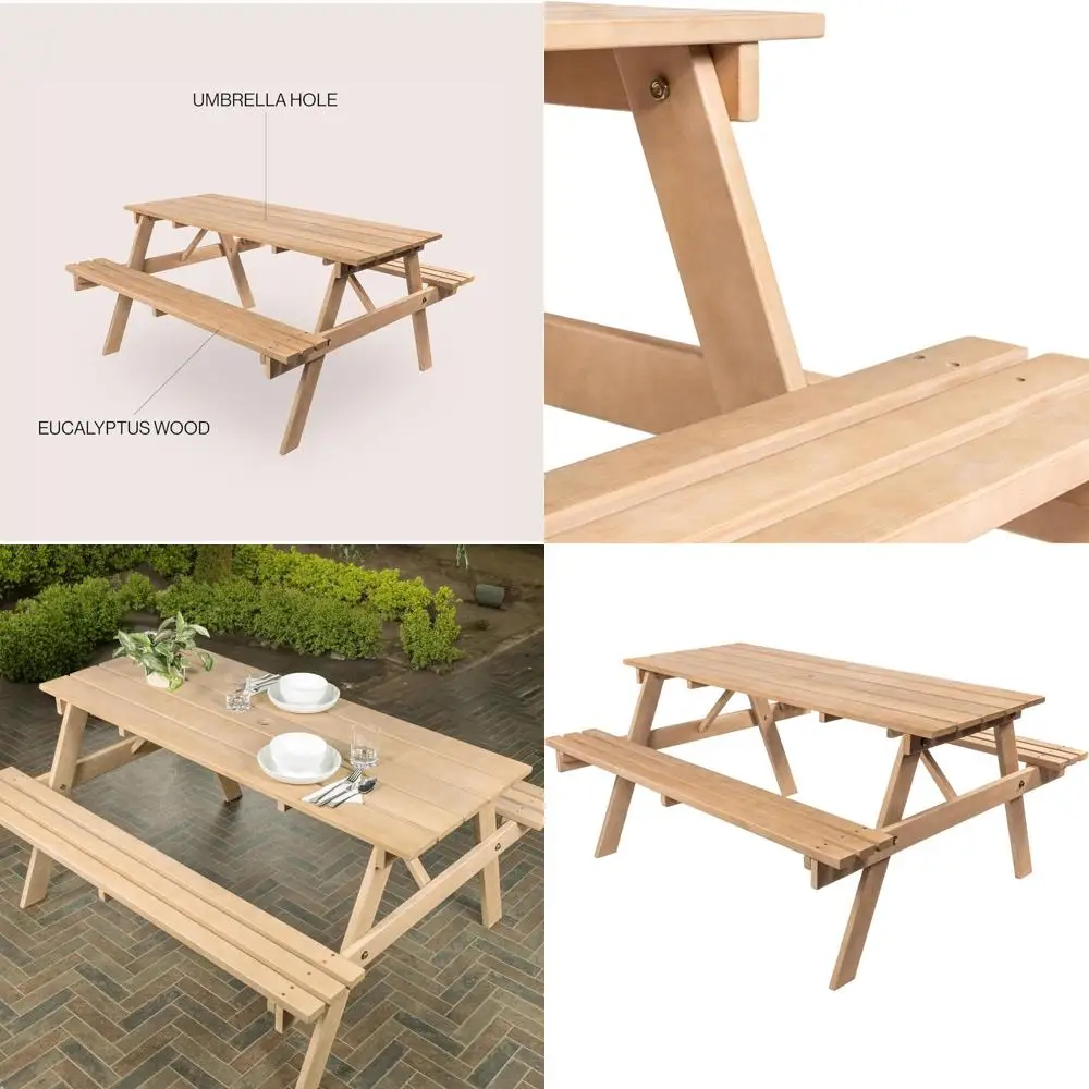 

Классический уличный стол для пикника 59 с сиденьями и отверстием для зонта, в винтажном стиле из светлого тика