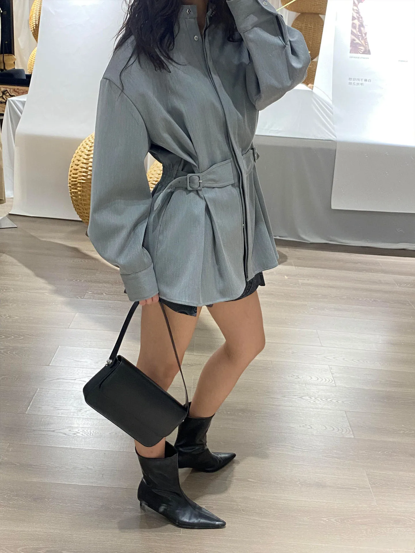 

Blue Korean Sle irt Women's Spring 2026 Belted Waist Tie Commute irt Loose Fit Long Sve Zipper Closure Color