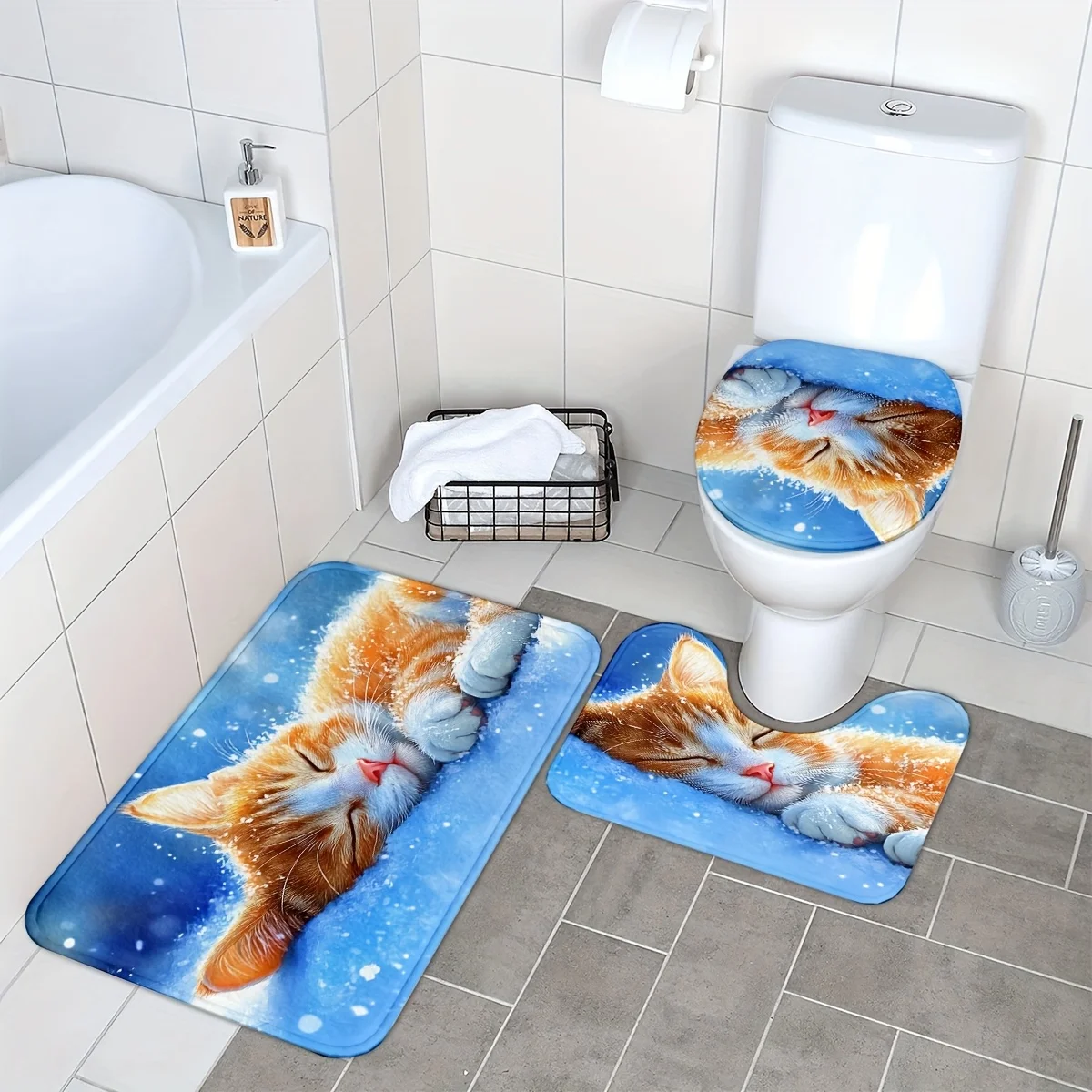 

3pcs Cat-Themed Bath Mat Set with Toilet Lid Cover + U-Shaped Floor Mat, Non-Slip Machine Washable Polyester Decor for Home