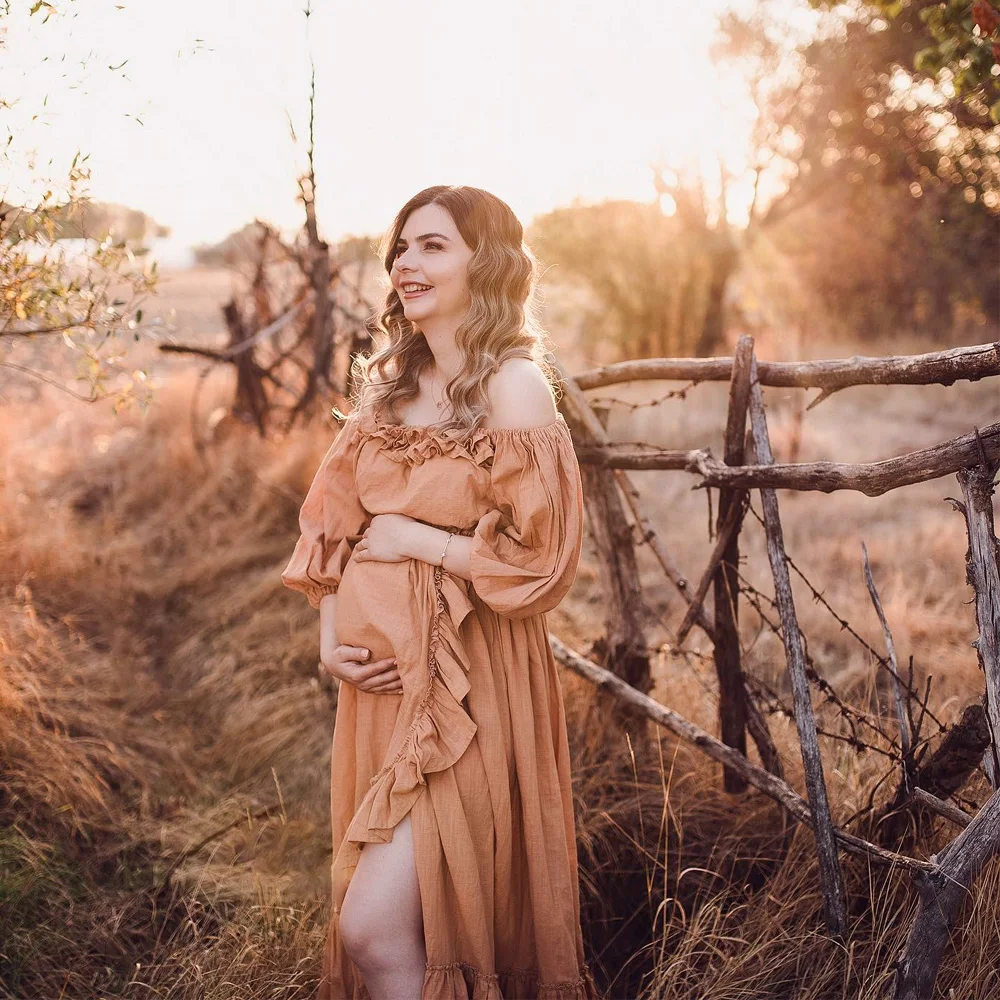 Umstandskleider für Babypartys, Baumwolle, einschulterig, langärmelig, zweiteiliges Kleid, Umstandskleider für Fotoshooting