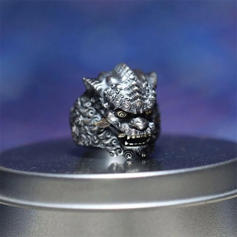 Auspicious Tang Lion Pattern Ring Men Jewelry Personality Carving China-Chic Style Vintage Lion Ring Male Finger Accessories