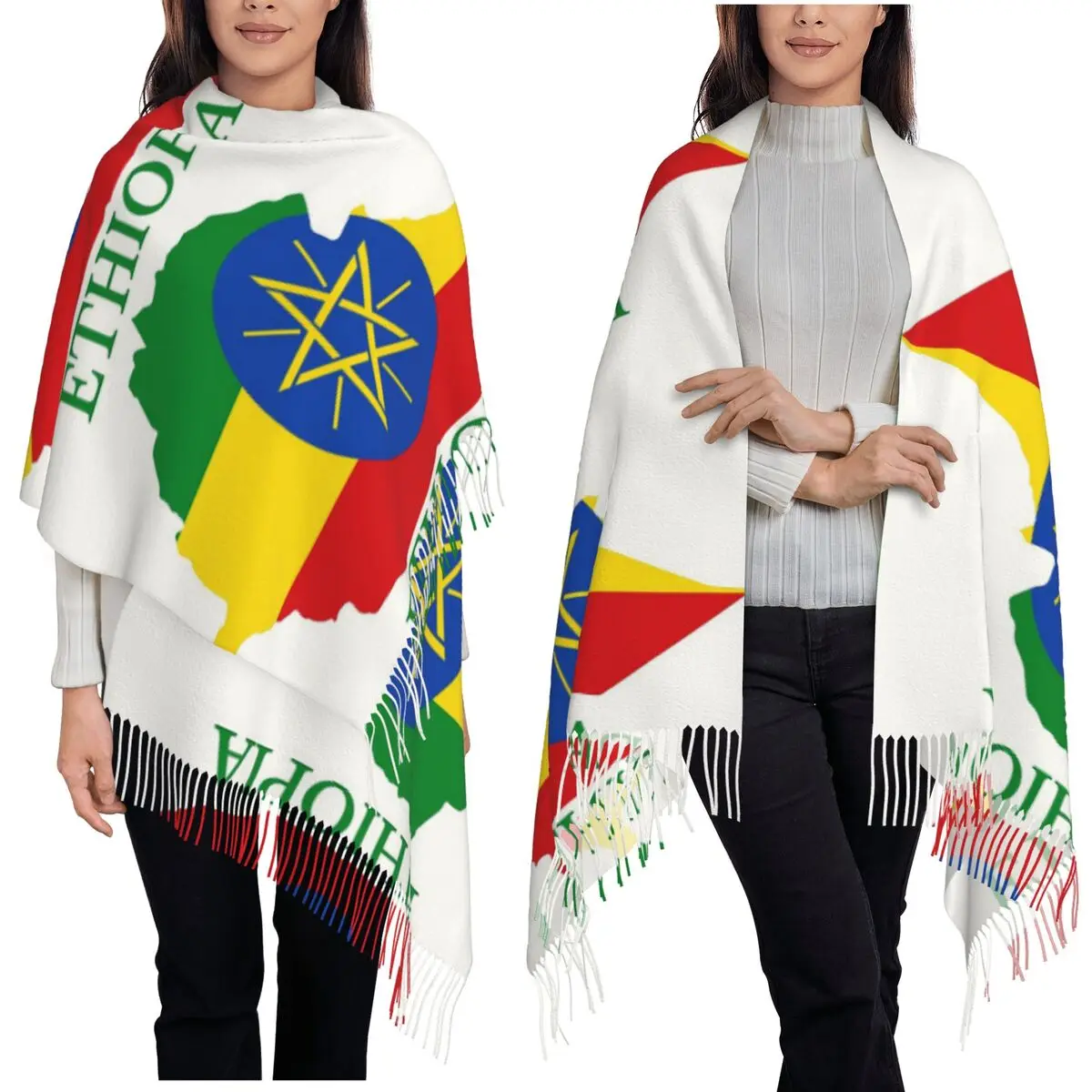 

Ethiopia Flag Map Scarf Tassel Scarves for Women Soft Warm Shawls and Wraps Large Fall Winter Shawl Wrap