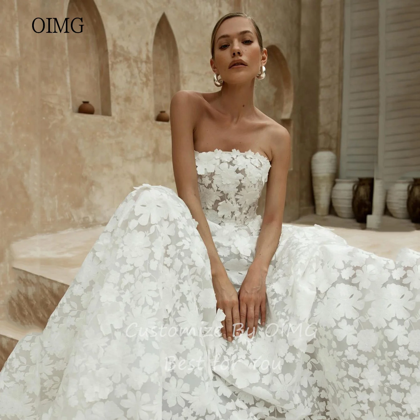 OIMG Luxury Avorio A Line Abito da sposa senza spalline Abiti da sposa in pizzo Lunghezza pavimento Abiti da sposa abiti para mujer Personalizzato