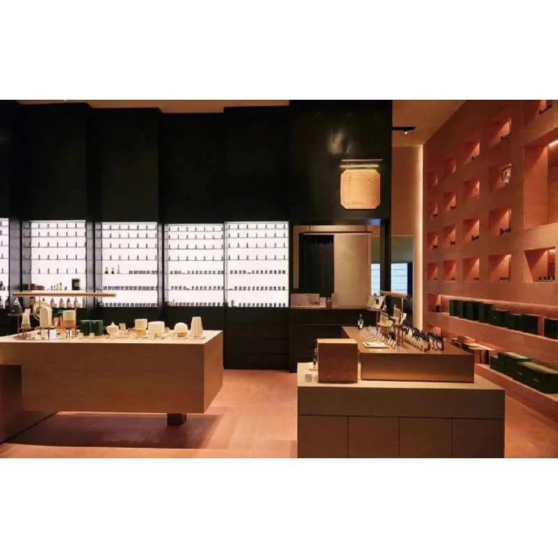 custom.Unique Perfumery Interior Design Marble Perfume Display Counter Wood Veneer Arched Perfume Cabinet