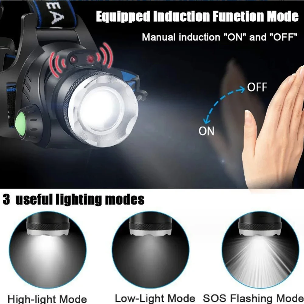 Zoom Induction LED Headlamp Flashlight 18650 Battery USB Rechargeable Headlight Outdoor Fishing Hunting Waterproof Head Torch