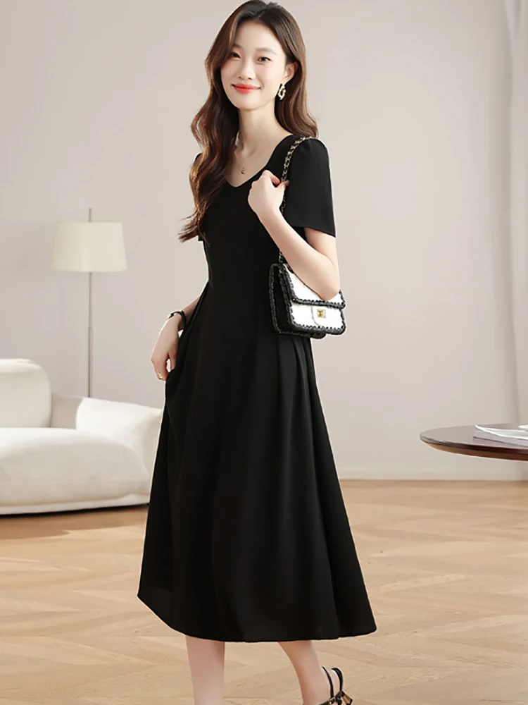 여성 한국 빈티지 헵번 프롬 드레스 여름 블랙 플리츠 바디콘 오피스룩 드레스 2025 신상 우아한 캐주얼 페스티벌 드레스