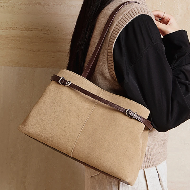 

Toptrends Retro Suede Genuine Leather Large Tote Bags For Women 2025 Luxury Designer Shopper Shoulder Bags Work Ladies Handbags