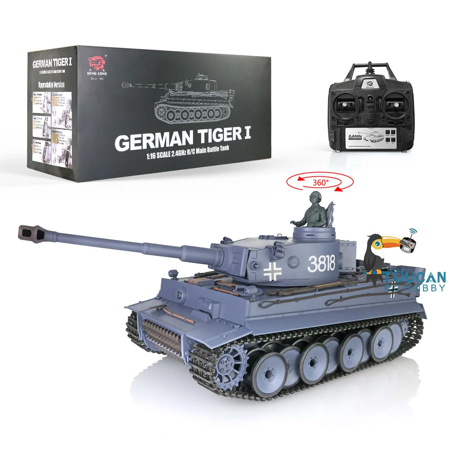 Heng Long 1/16 7.0 Plastic German Tiger I RTR RC Tank 3818 360°Rotation Turret IR BB Airsoft Smoke Effect RC Model TH17235-SMT8