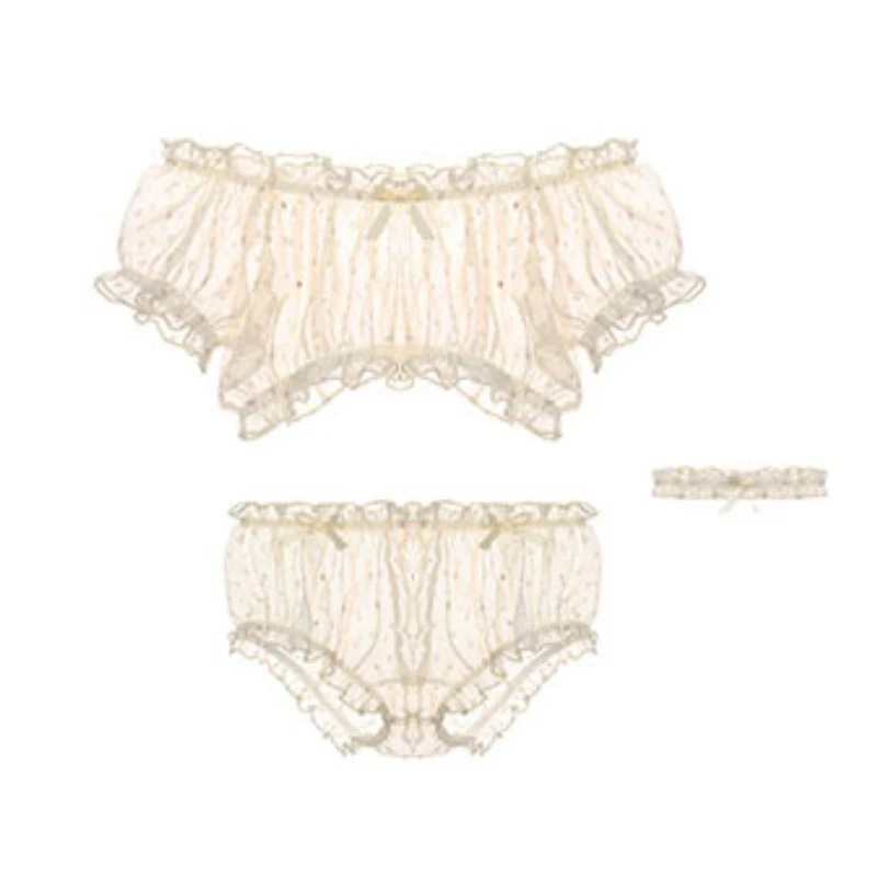 Sheer Stars Ultra-Thin Gaze Ruffles Underwear Set para mulheres, tops de manga fora do ombro, shorts, anel de perna, pijama sexy, tentação