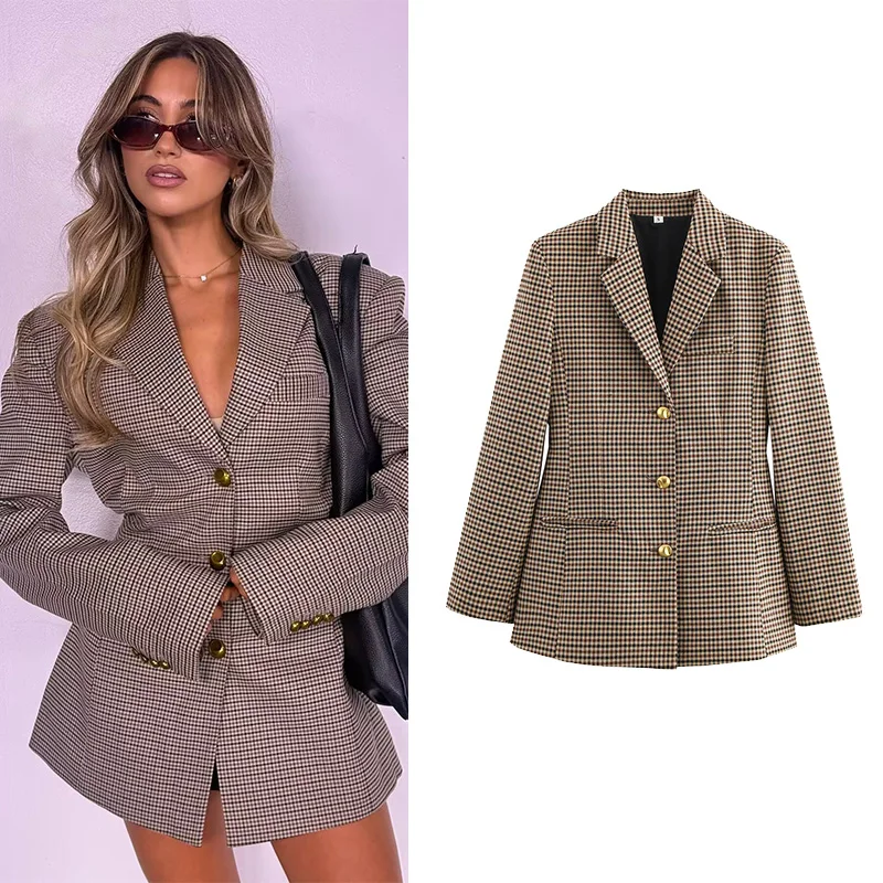 

Women Fashion Plaid Blazer Coat Vintage Long Sleeve Turn Down Collar Pockets Female Outerwear Chic Vestes Female Tops