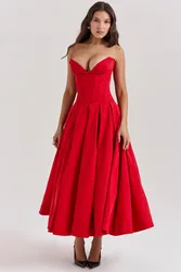 PuTao Elegant Strapless Formal Occasion Dress Summer Midi Birthday Party Dresses Red Wedding Guess Dress Women's Clothing