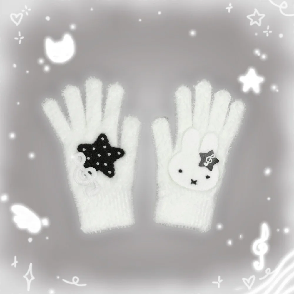 Guantes de felpa con nota musical de conejo Miffy de dibujos animados, estilo coreano, invierno, grueso, cálido, a prueba de viento, bonito, de aspecto alto, moda exquisita