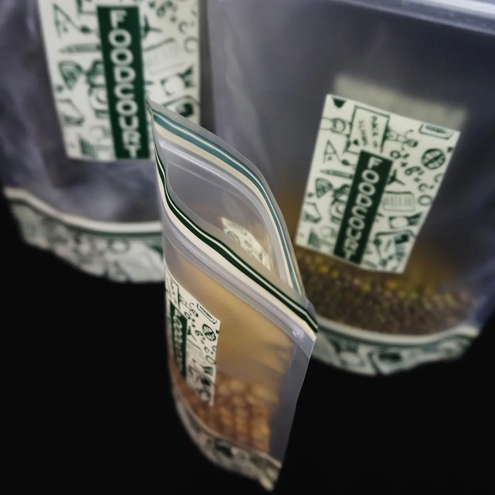 100pcs Matte Transparent Stand Up Zip Lock Bags with Green Pattern Printing - Zipper Grip Resealable Doypack Nuts,Snacks Package