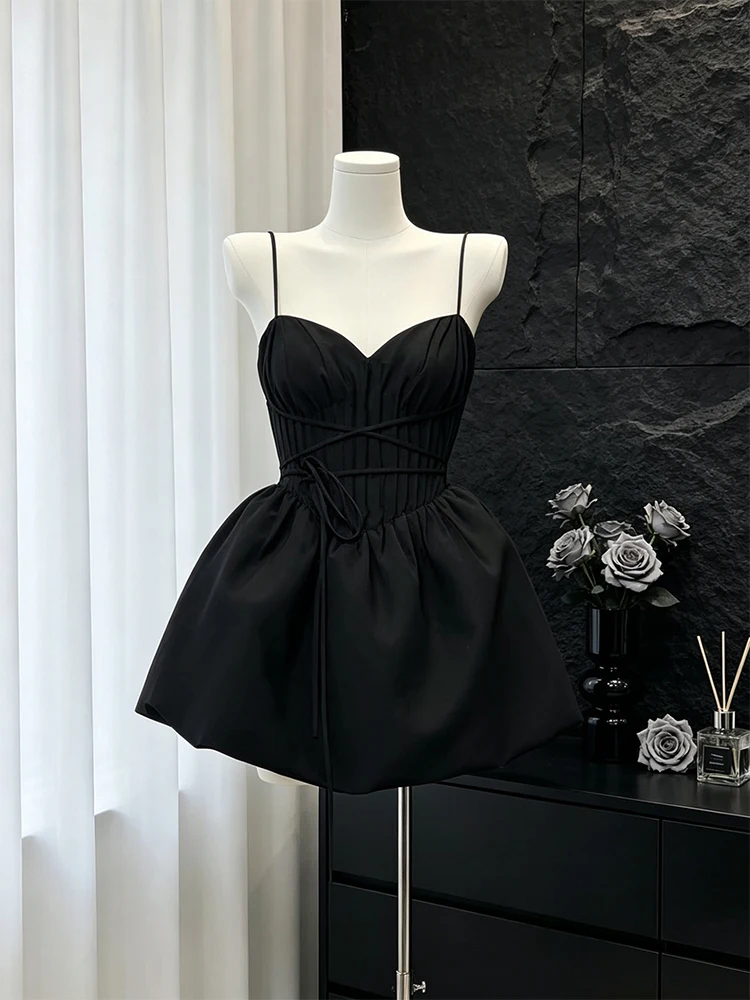 

Hebe Style Black Strapless Pleated Puffy Dress Women's Unique Design Waist Cinched Slimming Skirt Polka Dot Pattern