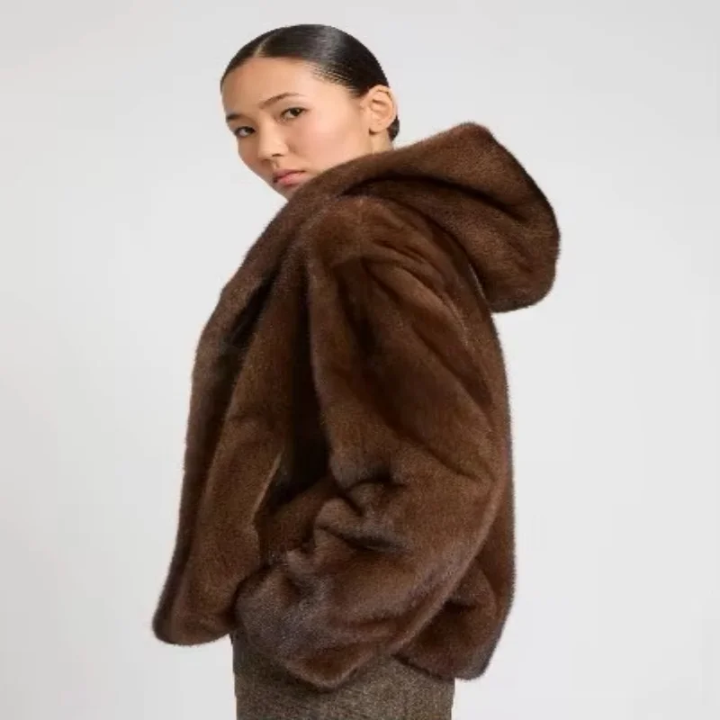 Women's coffee colored mink fur jacket, real mink fur hooded jacket,
