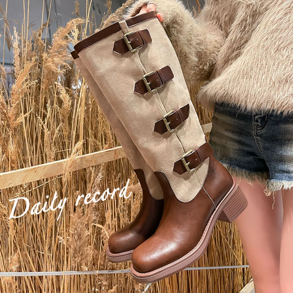 

2023 new Autumn winter women knee high boots 22-25cm cowhide+flock+pigskin Western Boots buckle modern boots long boots