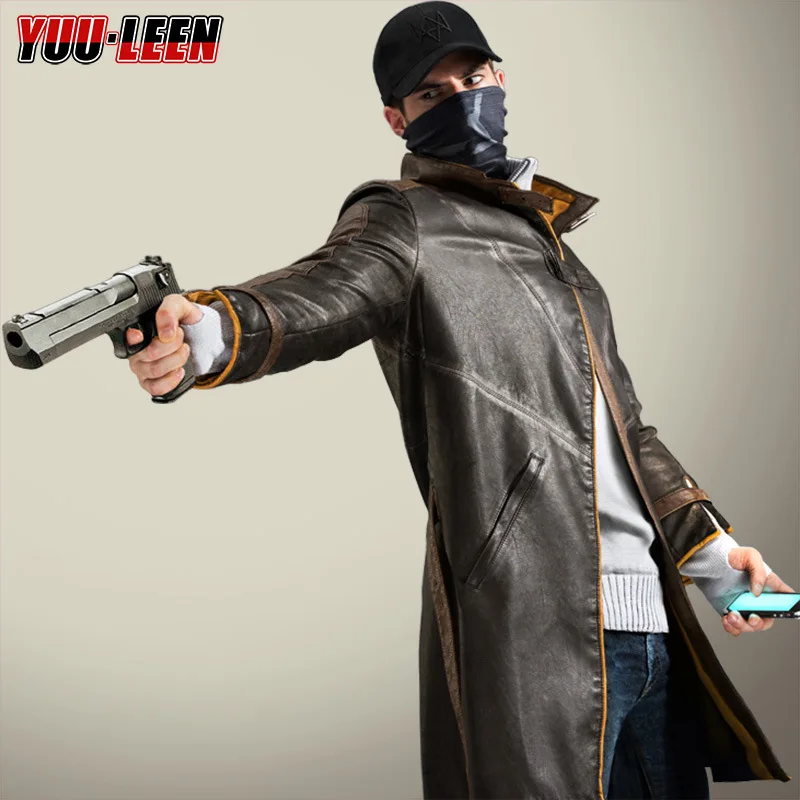 High Quality Watch Dogs Cosplay Aiden Pearce Leather Windbreaker Clothes Long Trench Coat With Hat Cap Scarf