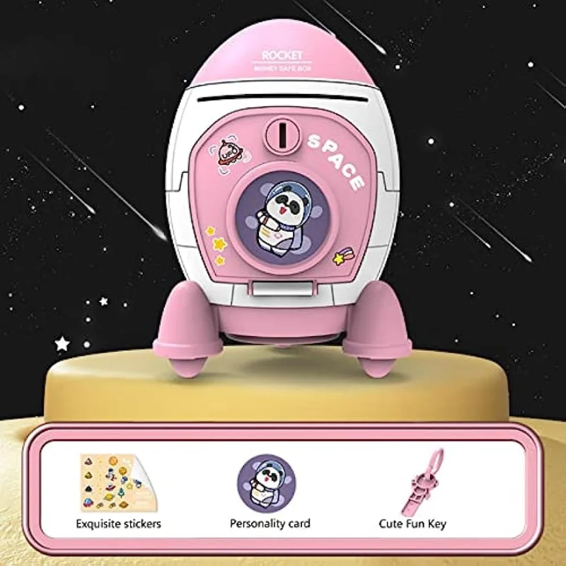 Rocket Ship Piggy Bank للفتيات، آمن للمال، عملة نقدية لرائد الفضاء، يمكن بنك ATM مع ملصق مفاتيح، هدية عيد الميلاد للأطفال