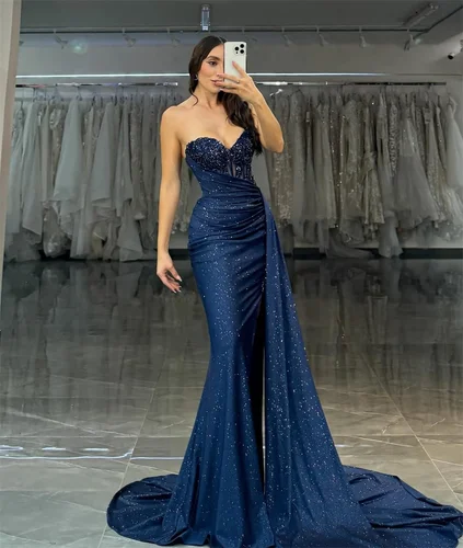 Imagen 2 del producto Cathy personalizado azul escote corazón brillo vestido de graduación sirena sin mangas vestidos de noiva drapeado hasta el suelo noche Formal