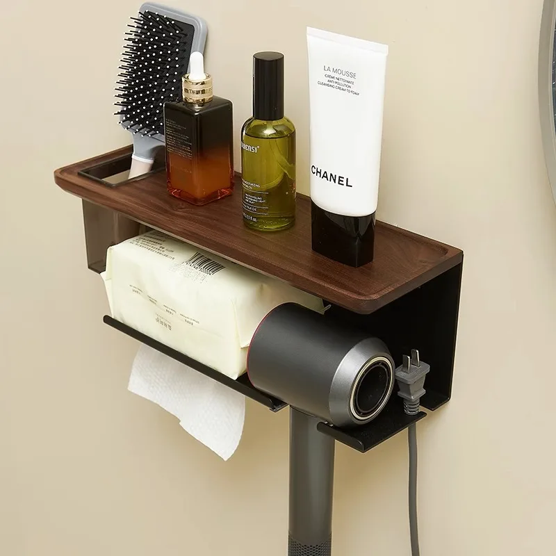 Black Walnut Multi-layer Punch Free Bathroom Organizer Integrated Tissue Toothbrush Facial Towel Hair Dryer Storage Holder