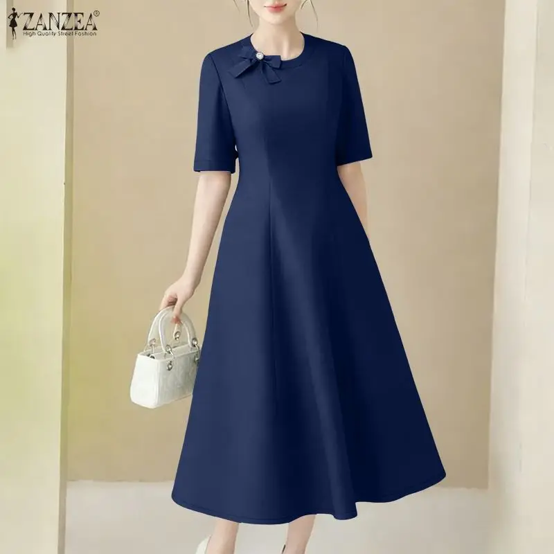 

Элегантное атласное шелковое платье миди в стиле ретро для женщин, с бантом, круглым вырезом, короткими рукавами, расклешенное, А-силуэта, длинное платье ZANZEA Robe Femme