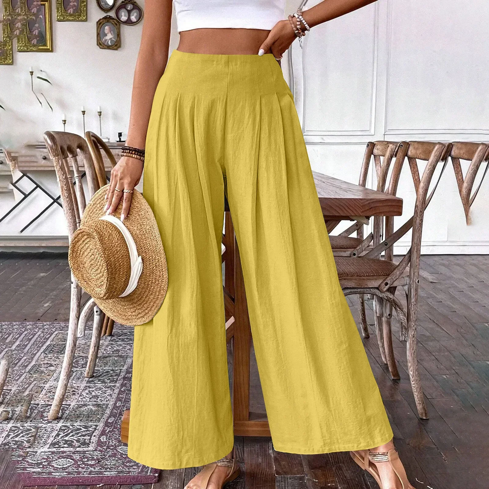 Pantalones Casuales de Algodón y Lino para Mujer, Cómodos, de Cintura Media, Color Liso, Pantalones Largos a la Moda, Oferta de Primavera