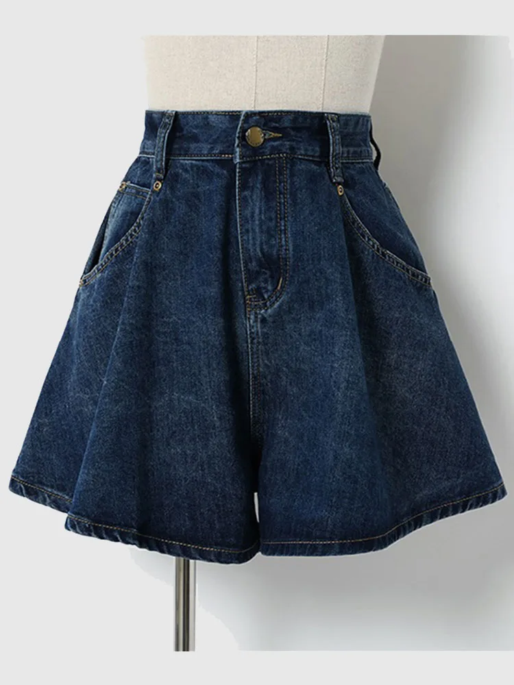 S-4XL Denim Shorts For Women 2023 Summer Dark Blue Wide Leg High Waist Loose Jeans Shorts Femal Solid All-Match Half Pants