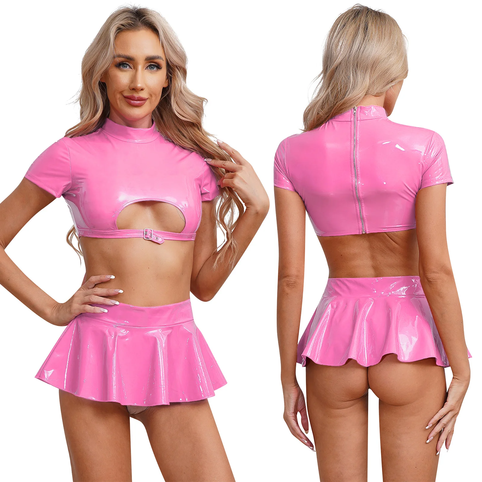 

Women Sexy Patent Leather Costume Set Short Sleeve Cutout Zipper Crop Top with Mini Skirt for Rave Party Nightclub Pole Dance