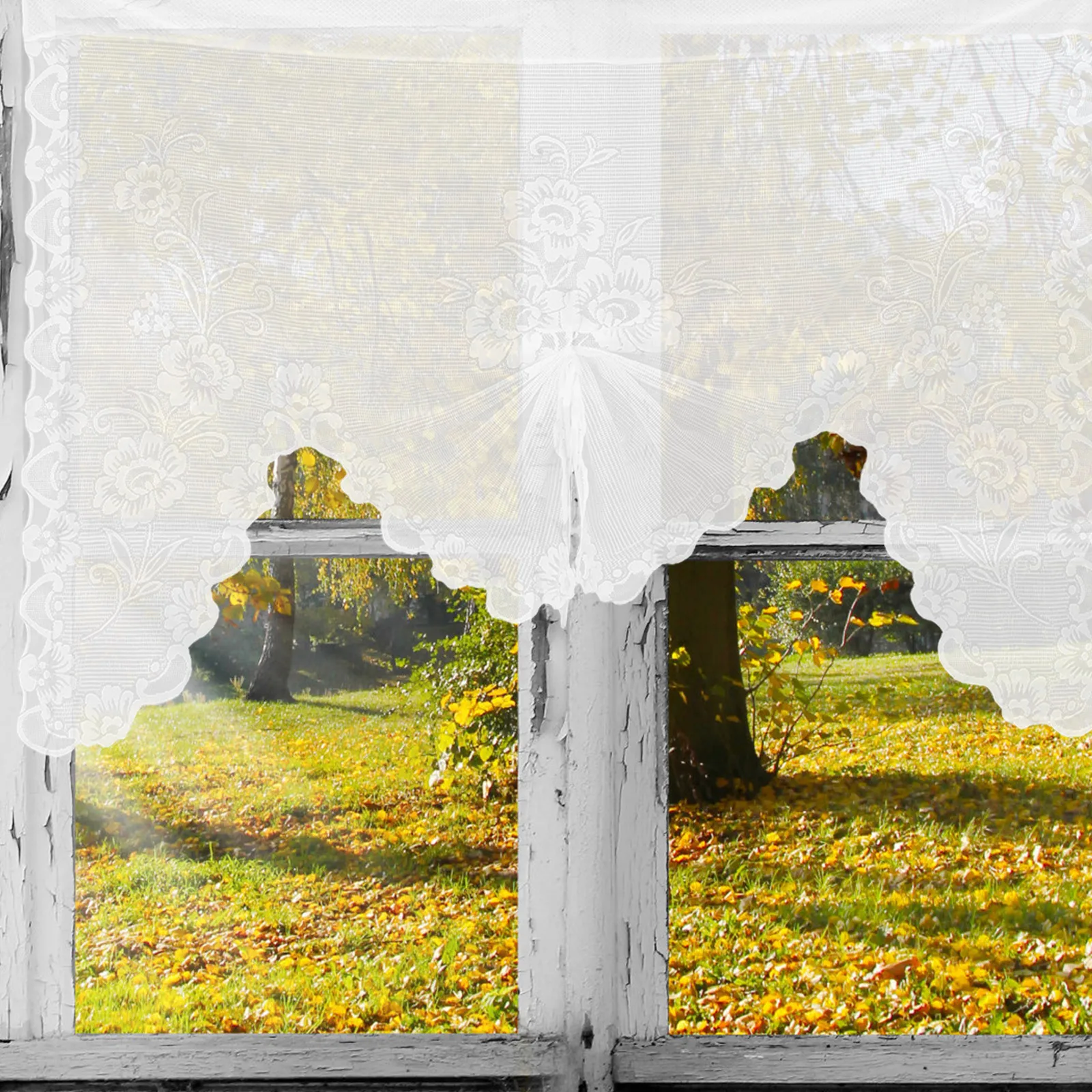 ستارة غنيمة من الدانتيل بالزهور البيضاء: لوحة جيب بقضيب شفاف للمطبخ والحمام وغرفة النوم والمقهى وستارة سحب لأعلى، #5