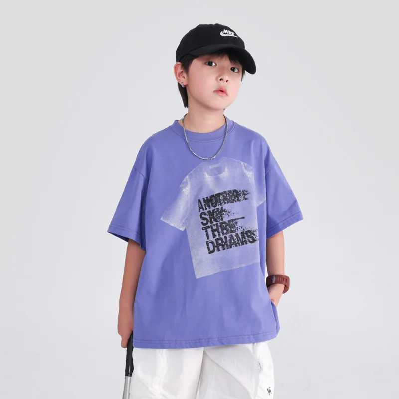 

5-16T Boys Summer T-Shirts 2025 New Korean Fashion Casual Cotton Short Sleeve Top Purple Cool Half Sleeve Clothes