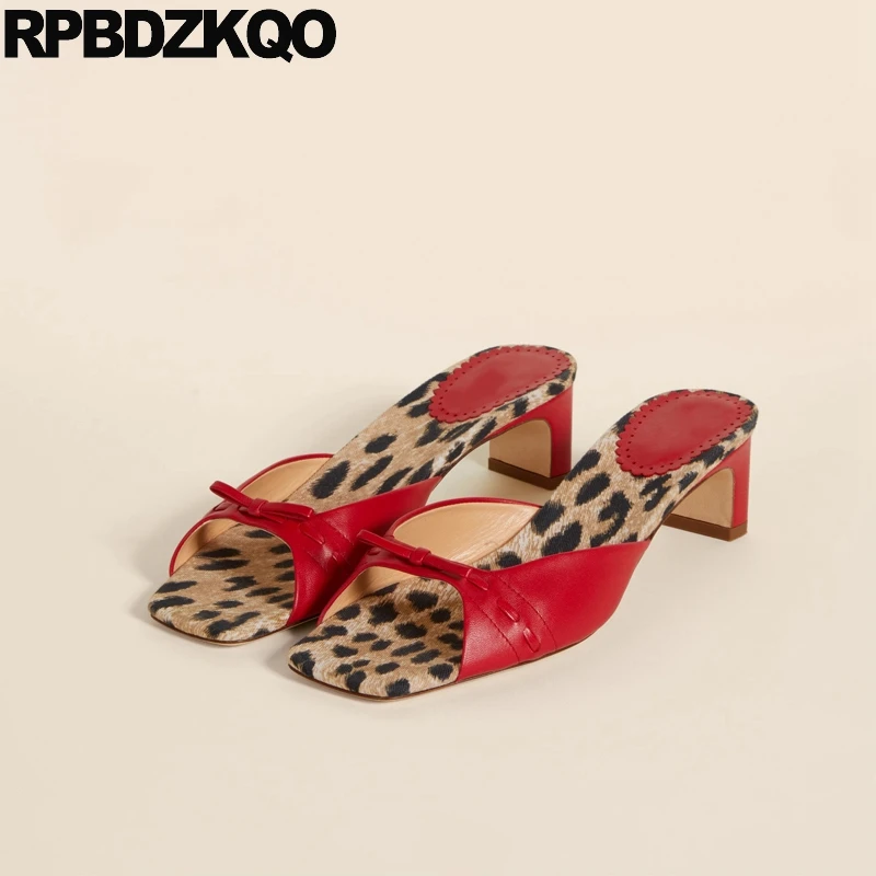 

Women Plaid Cheetah Leopard Print Bowknot Block Fish Toe High Heels Bowtie Cow Leather Slides Slippers Sandals Shoes Brown Pumps